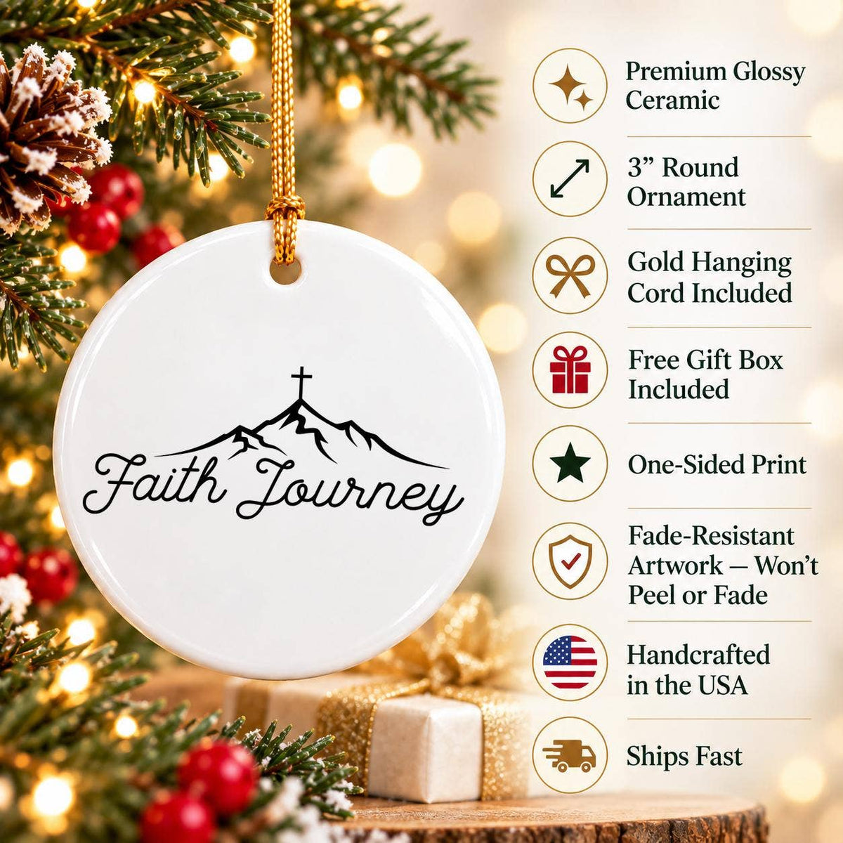 Faith Journey Mountain Cross Ceramic Ornament for Christmas