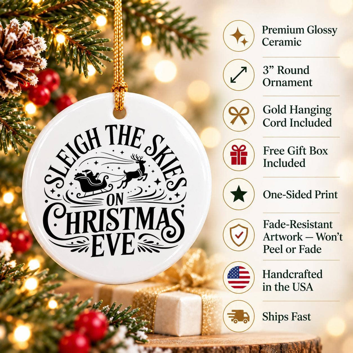 Glossy Ceramic Ornament: Festive Reindeer & Sleigh Scene
