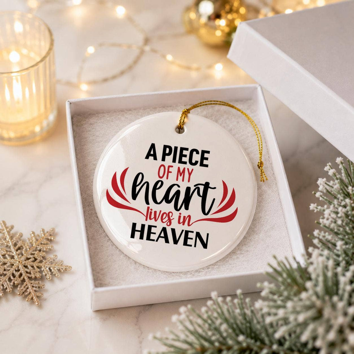 Memorial Heart Ceramic Ornament with Gift Box, Red Text