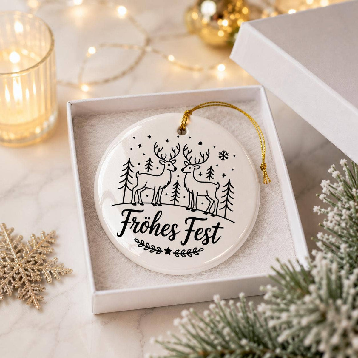Elegant Ceramic Reindeer Ornament with Frohes Fest Sentiment