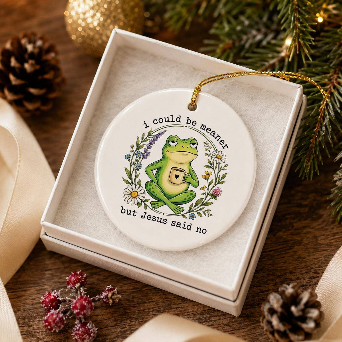 Humorous Ceramic Frog Ornament with Floral Faith Quote 2023