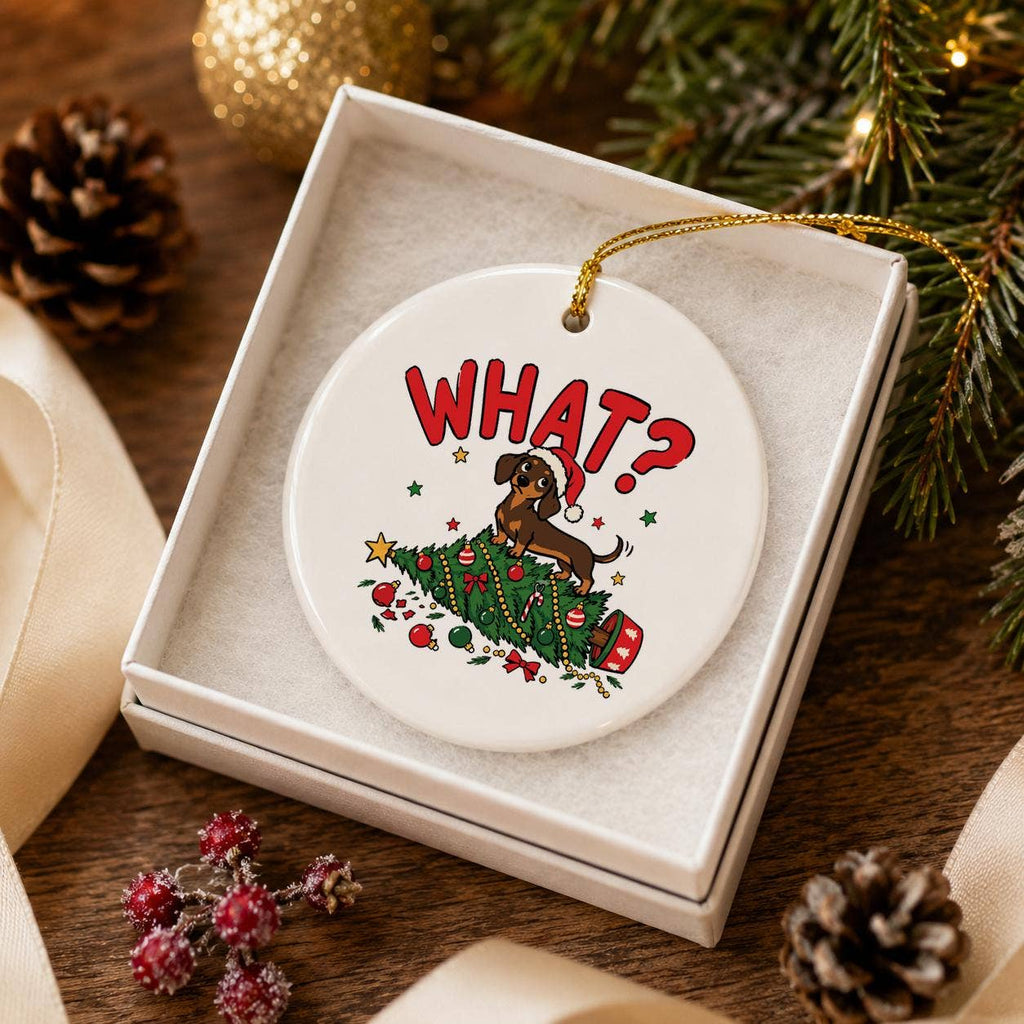 Humorous Ceramic Dachshund and Christmas Tree Ornament Gift