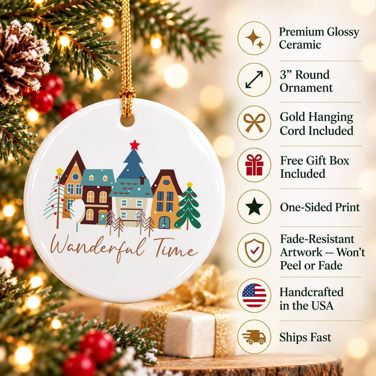 Charming Village Scene Ceramic Christmas Ornament Keepsake