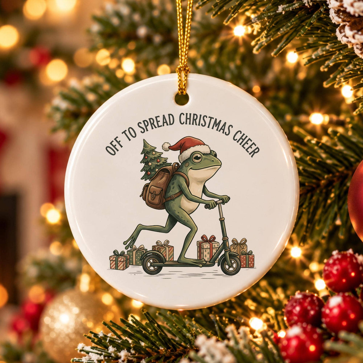 Whimsical Frog on Scooter Christmas Ornament in Gift Box