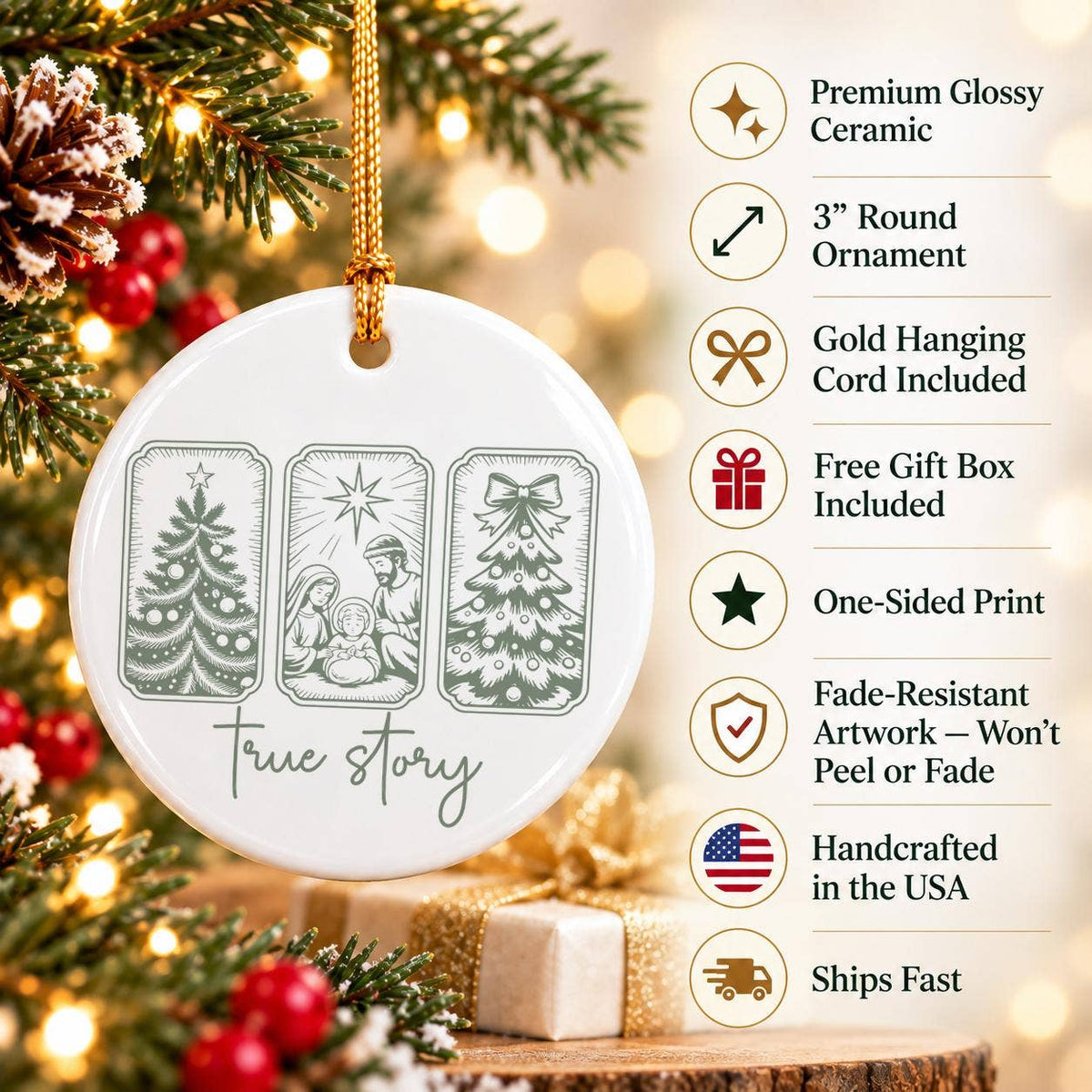 Nativity Scene Ceramic Ornament with Holy Family and Trees