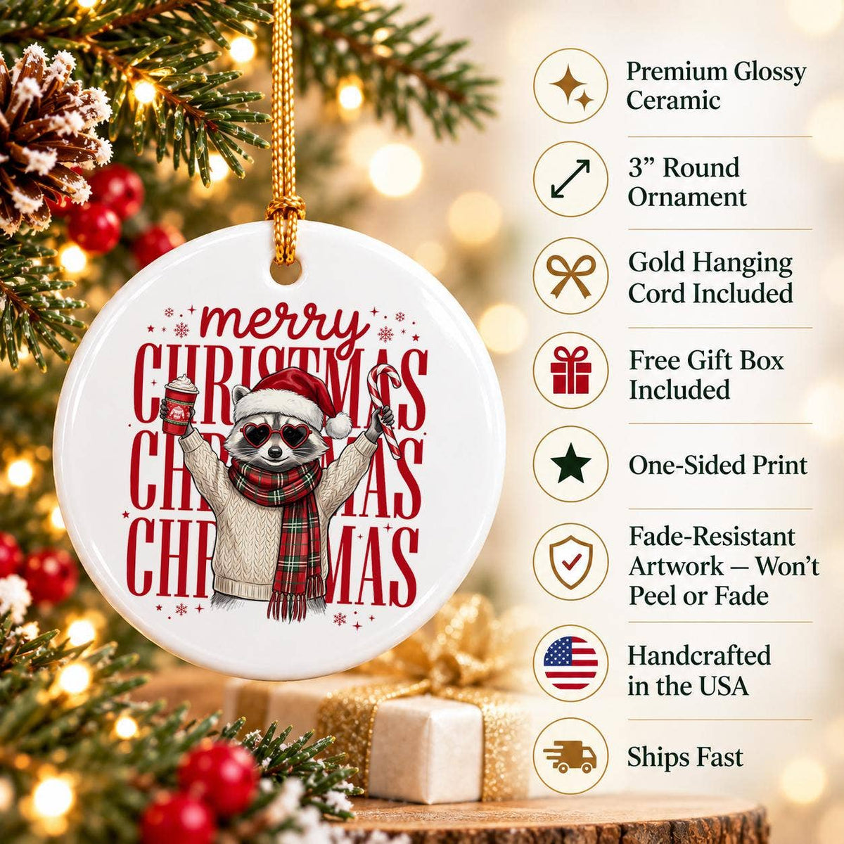 Whimsical Sloth Christmas Ornament - Ceramic Holiday Decor