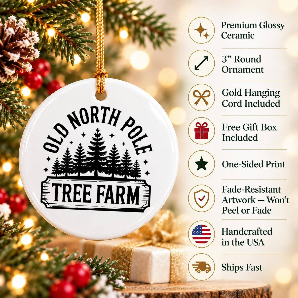 Vintage North Pole Tree Farm Ceramic Ornament for Christmas