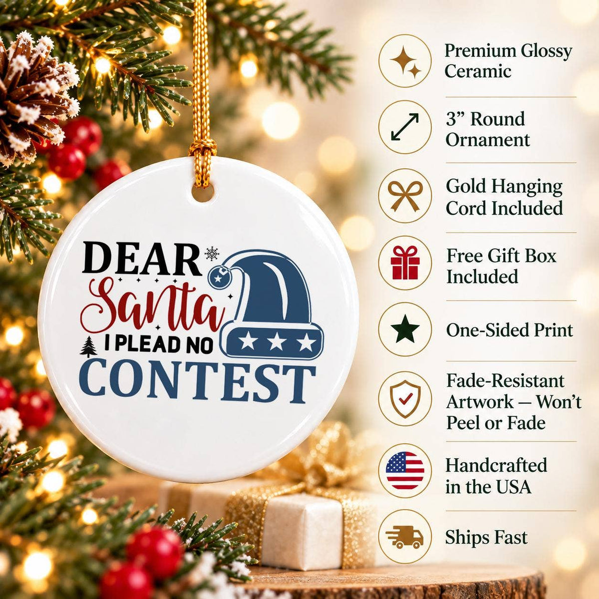 Dear Santa Plead No Contest Ceramic Ornament with Santa Hat