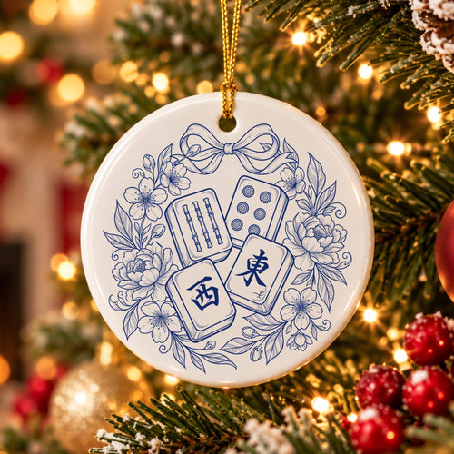 Blue Floral Mahjong Ceramic Ornament for Christmas Trees