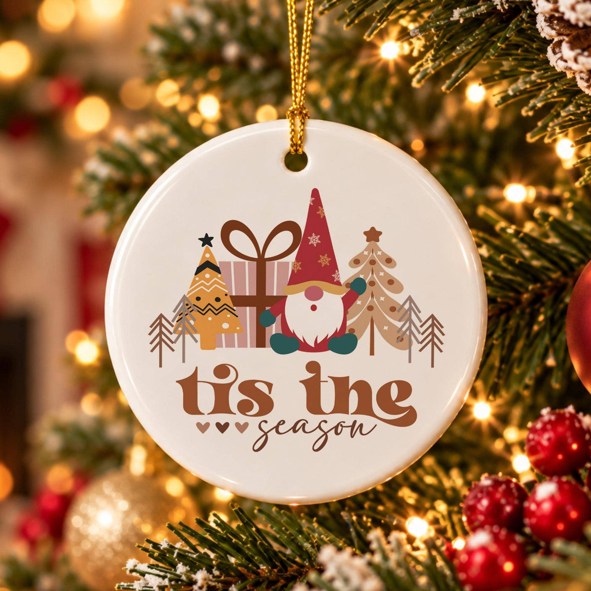 Festive Gnome Ceramic Ornament with Christmas Trees & Gifts