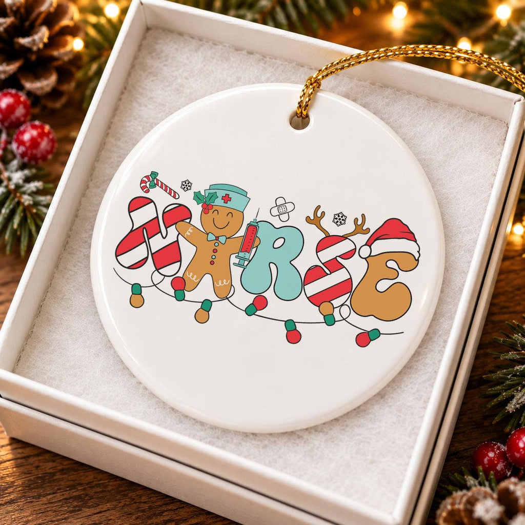 Festive Ceramic Nurse Ornament with Candy Cane & Gingerbread
