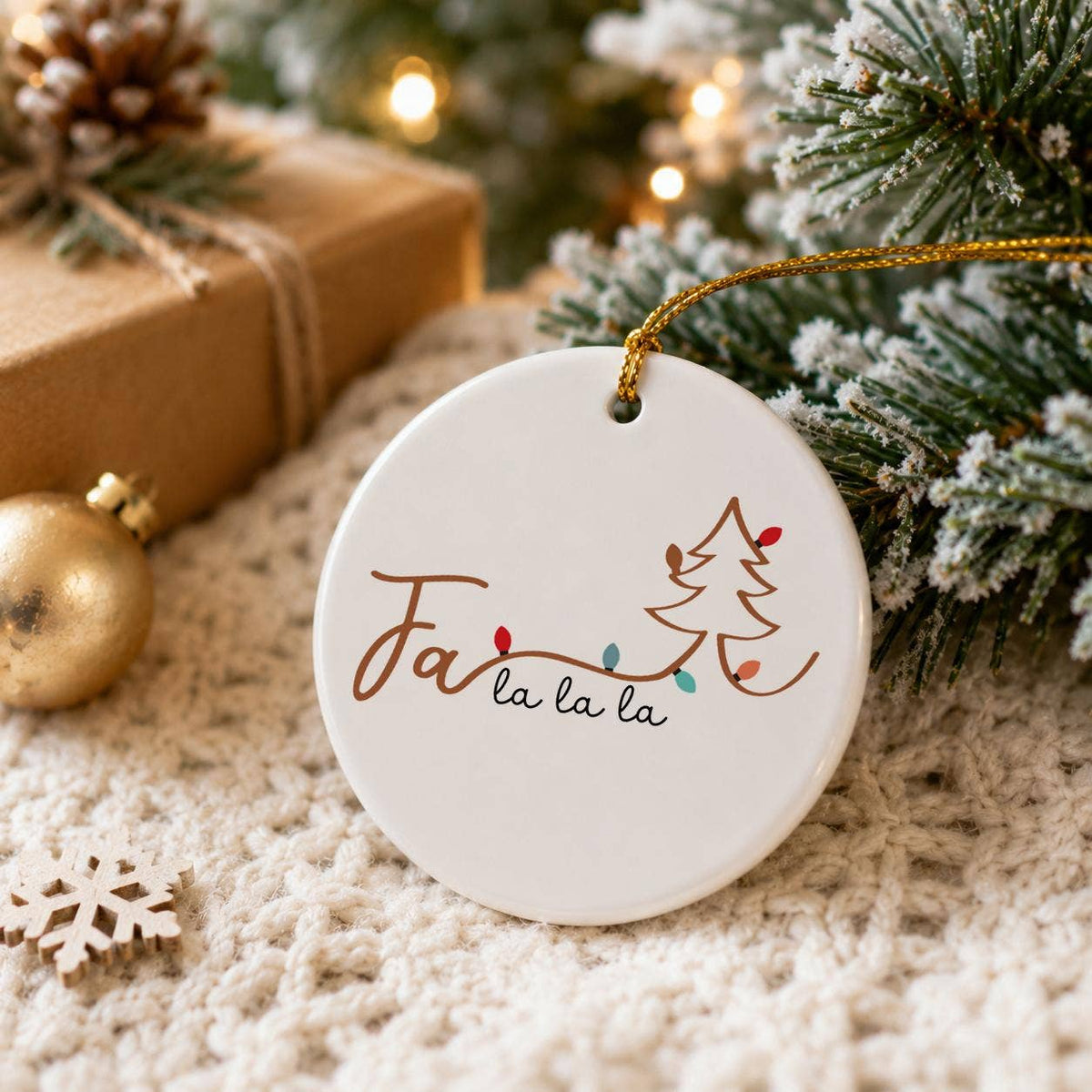 Fa La La Ceramic Ornament with Christmas Tree & Gift Box