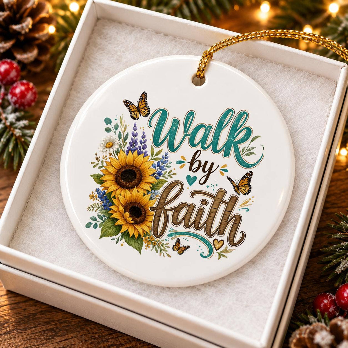Walk by Faith Sunflower Ceramic Ornament Gift Box