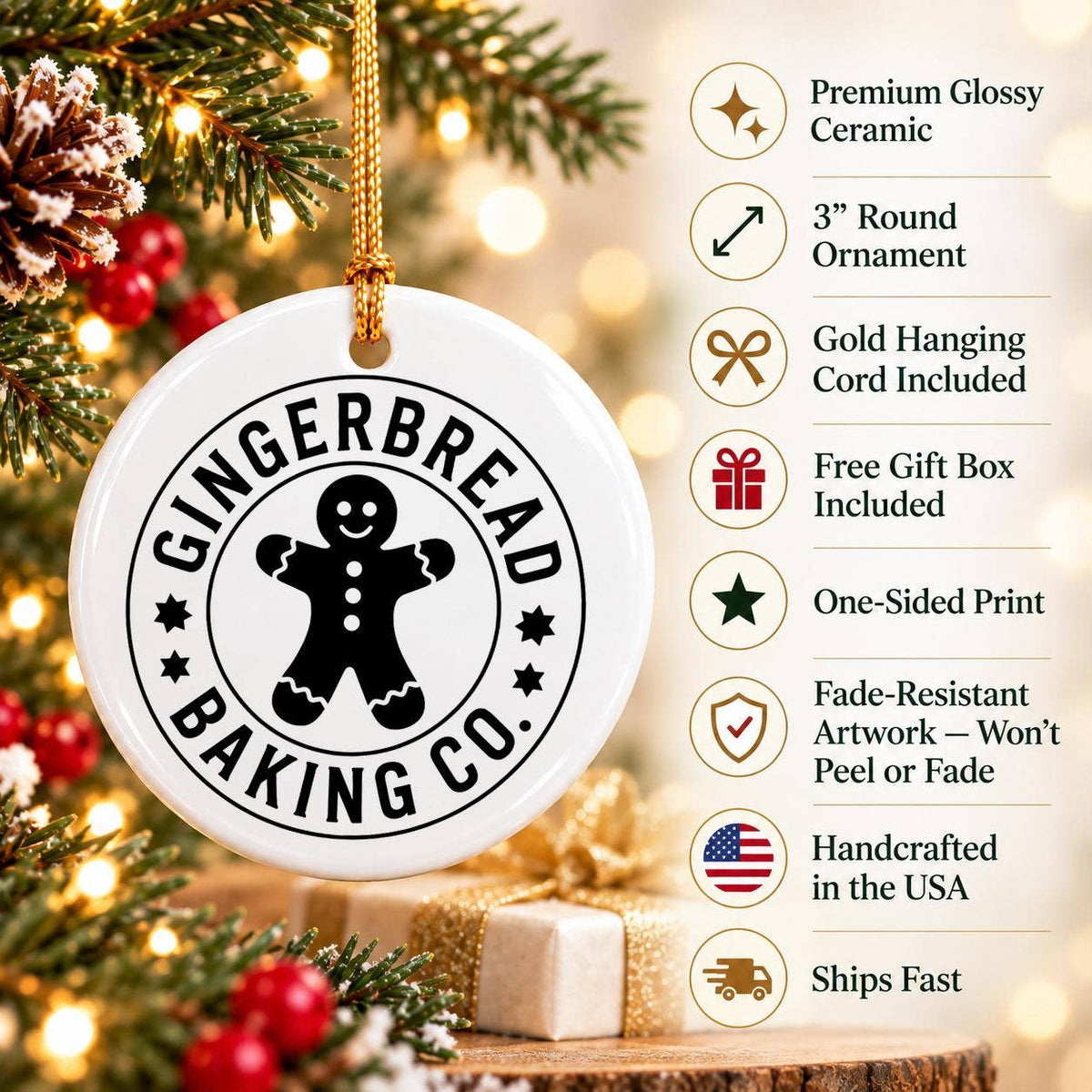 Holiday Gingerbread Man Ceramic Ornament with Gold Ribbon