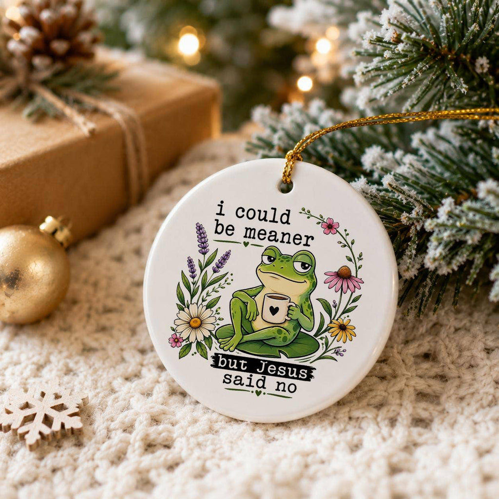 Humorous Frog with Jesus Quote Ceramic Holiday Ornament Gift