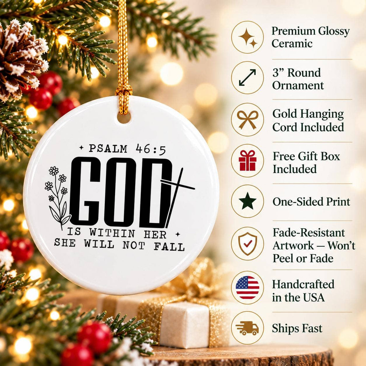 Psalm 46:5 Floral Ceramic Ornament with Cross Gift Box