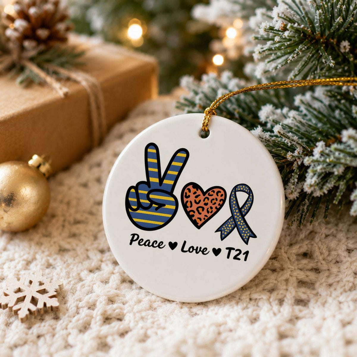 Peace Love Trisomy 21 Ceramic Ornament with Gift Box