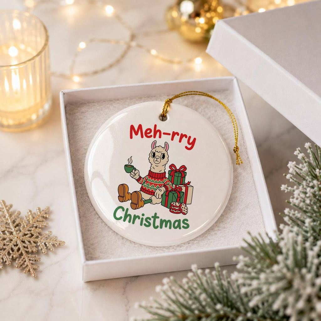 Festive Llama Holiday Ornament - Ceramic 'Meh-rry Christmas