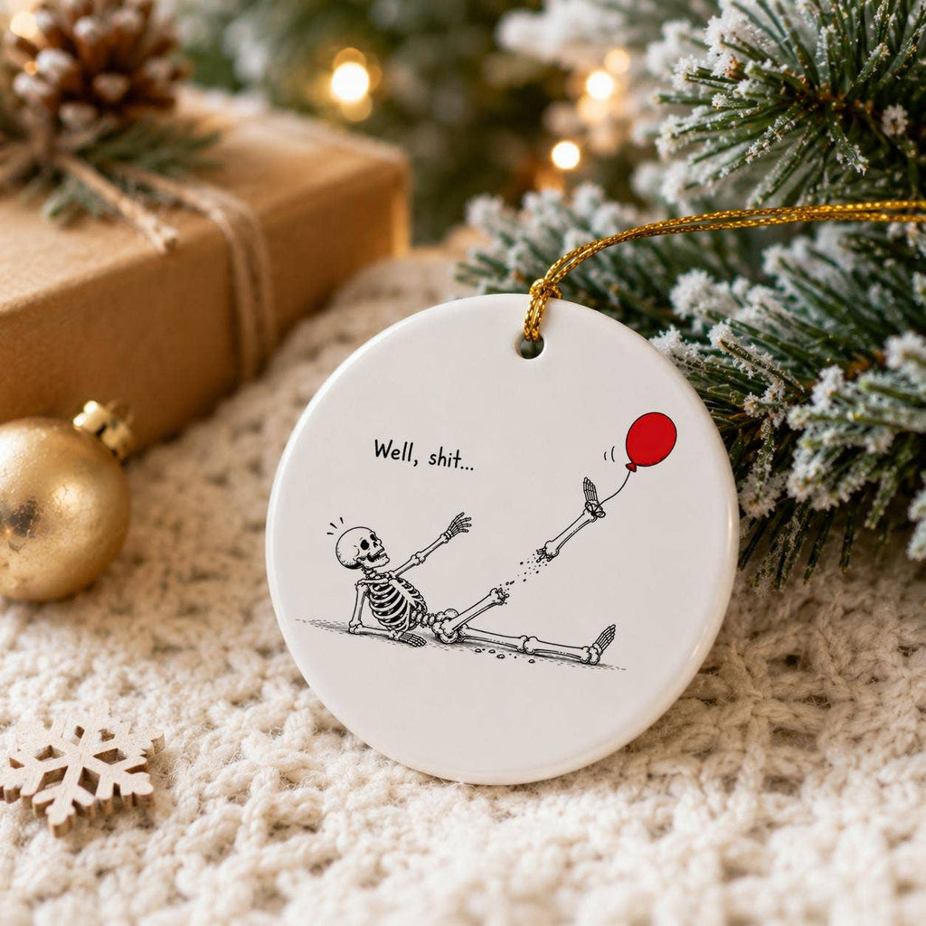 Humorous Ceramic Skeleton Ornament with Balloon in Gift Box