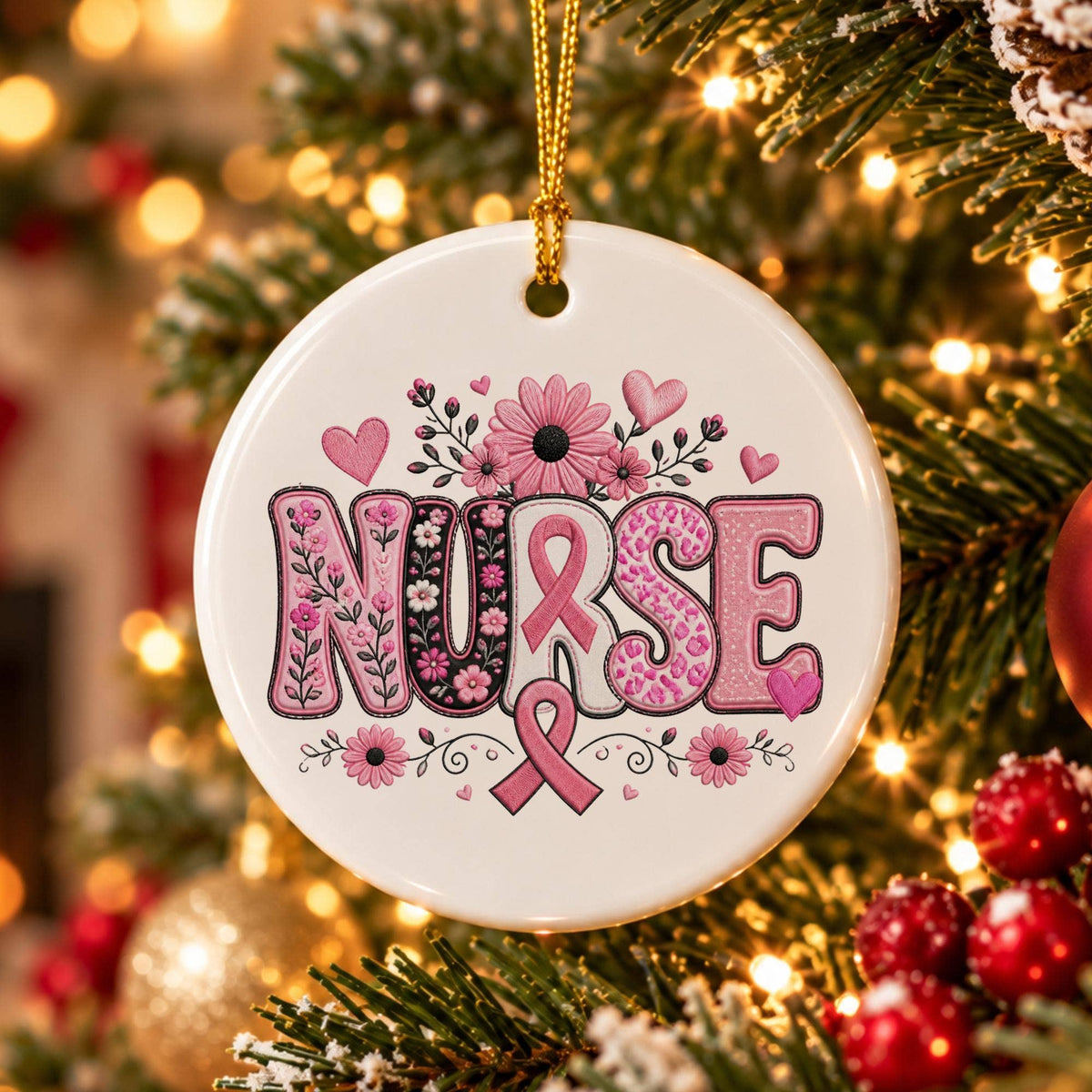 Nurse Pink Ribbon Floral Ceramic Christmas Ornament