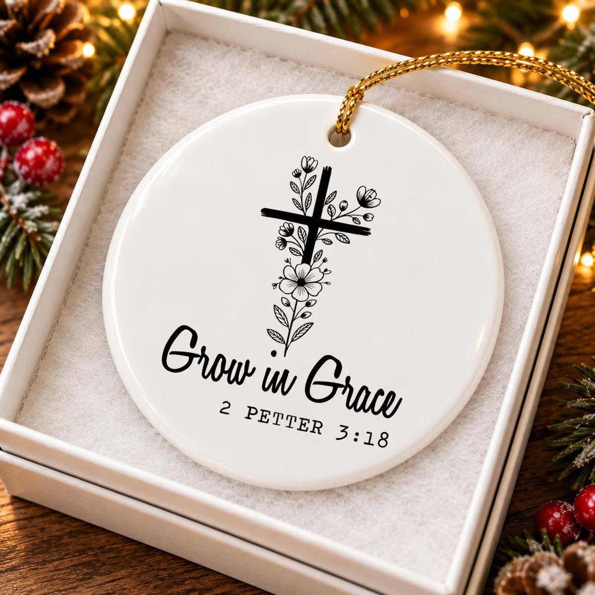 Faith & Floral Ceramic Ornament: Grow in Grace Holiday Gift