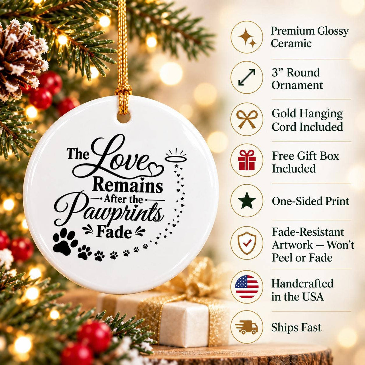 Pet Memorial Ceramic Ornament with Pawprints & Halos Motif