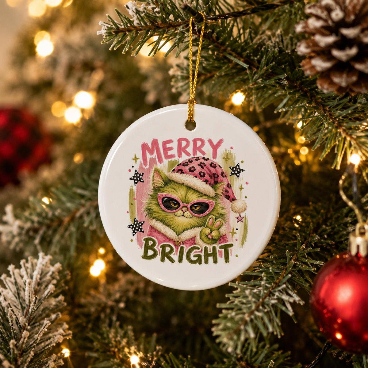 Festive Cat Ceramic Ornament with Sunglasses for Christmas