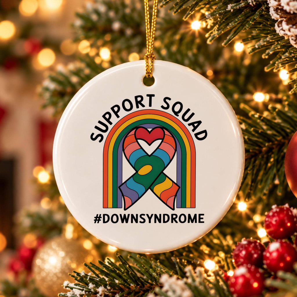 Colorful Down Syndrome Support Ribbon Heart Ceramic Ornament
