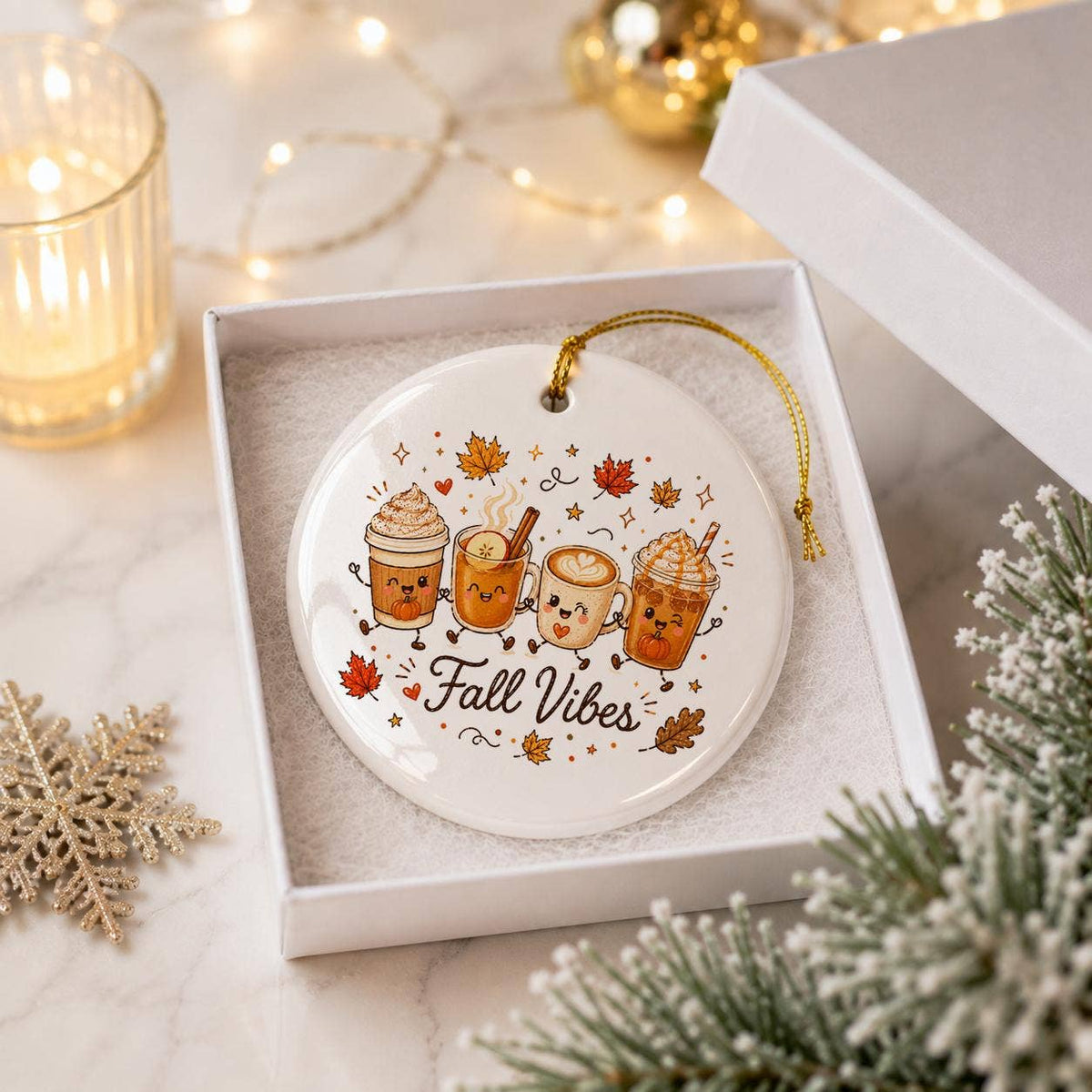 Autumn Coffee Cup & Leaves Ceramic Ornament in Gift Box