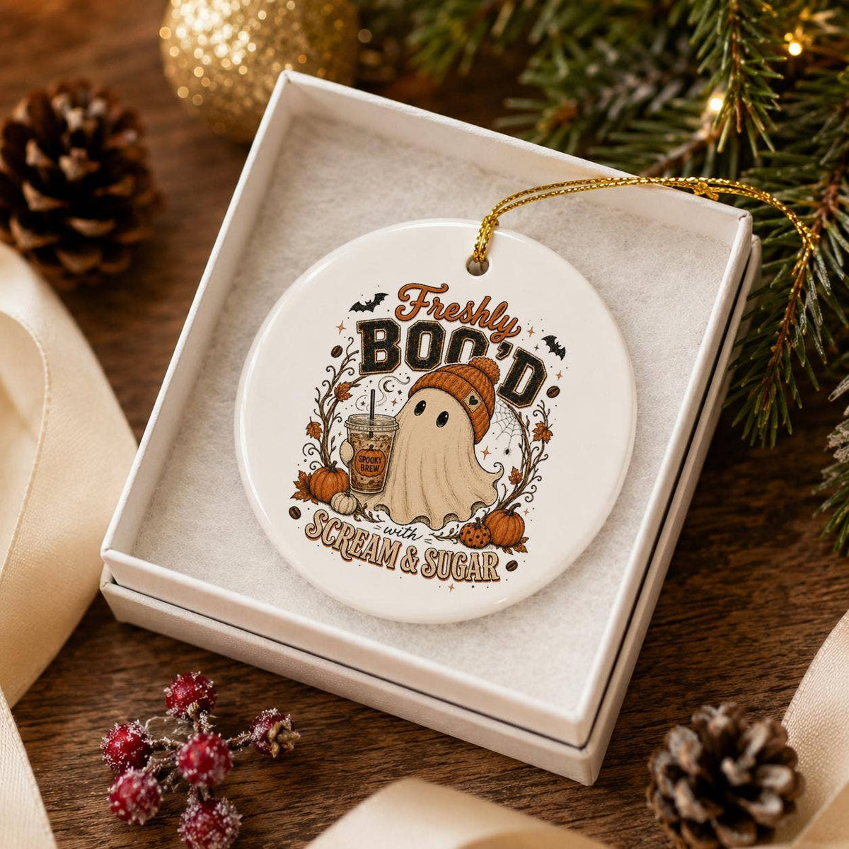 Freshly Bood Ghost & Pumpkin Ceramic Halloween Ornament