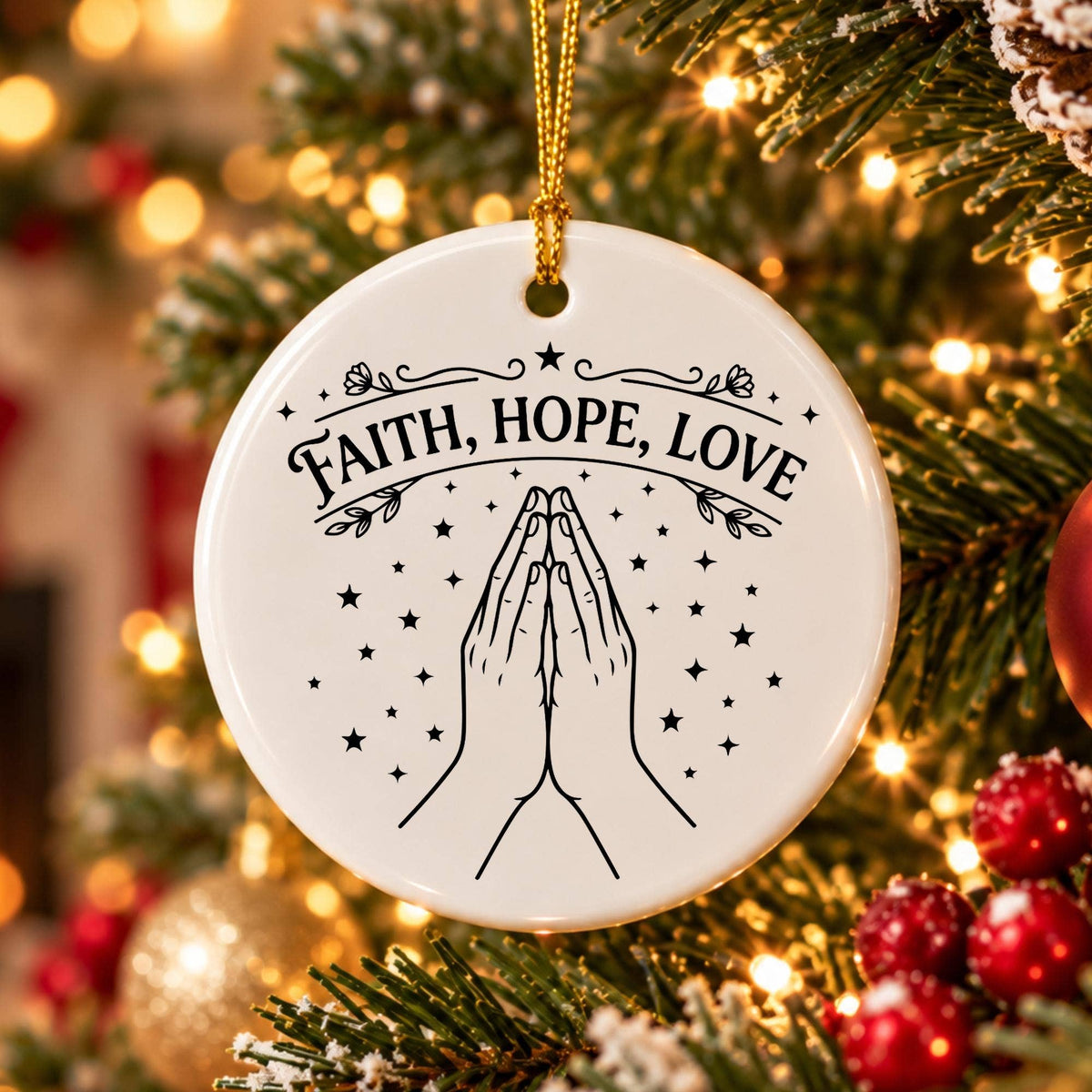 Faith Hope Love Ceramic Ornament with Praying Hands Design