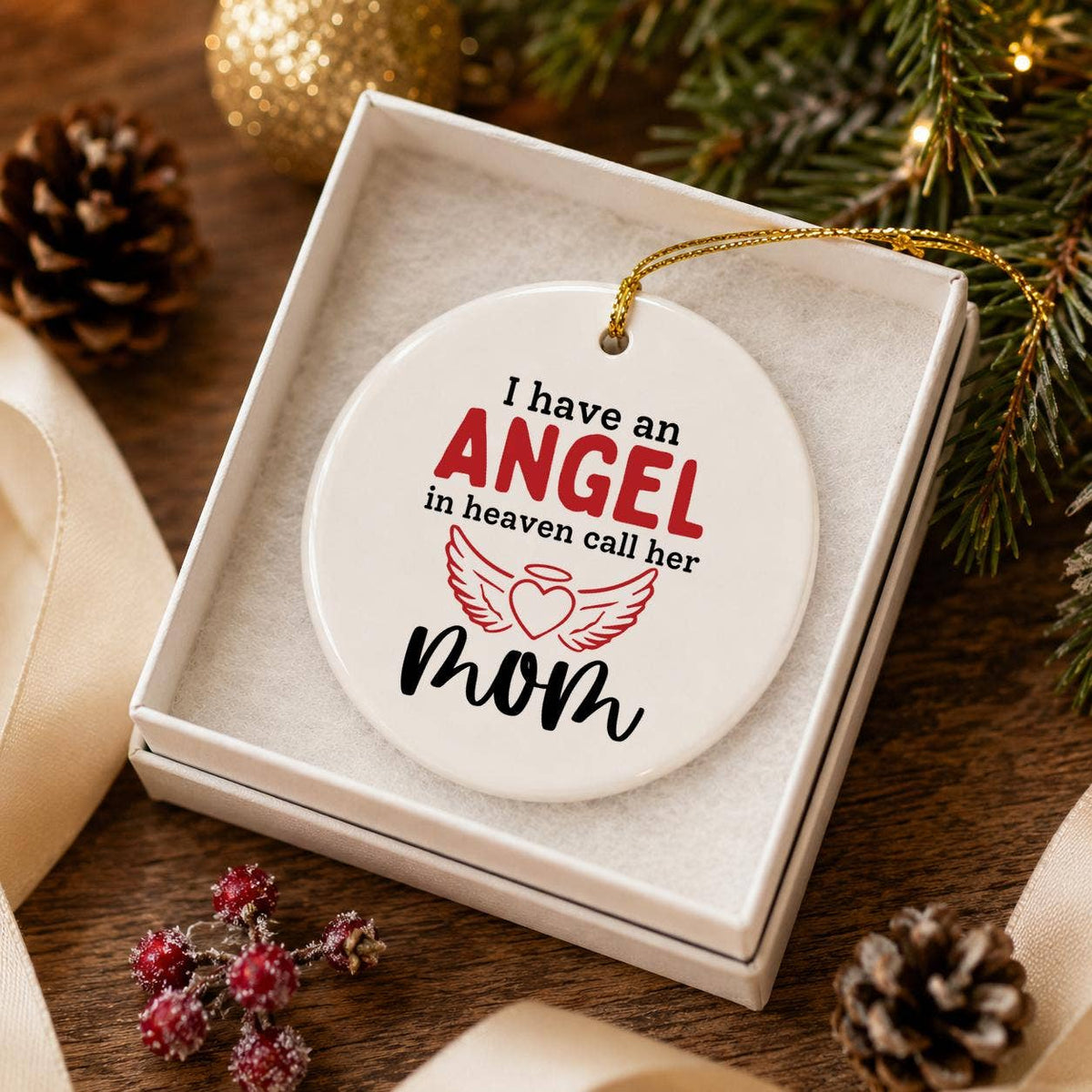 Mom Memorial Angel Ornament - Ceramic Winged Heart Tribute