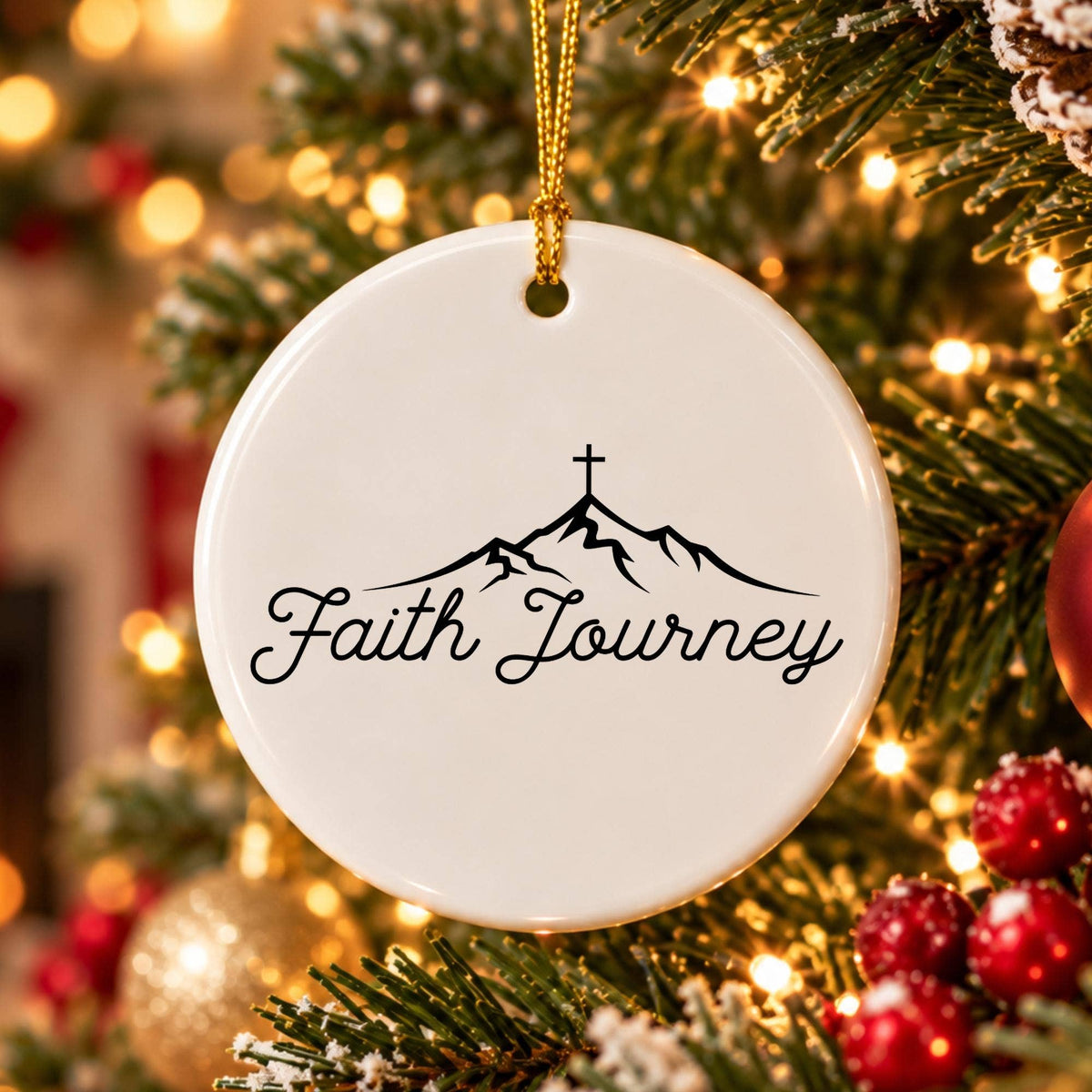 Faith Journey Mountain Cross Ceramic Ornament for Christmas