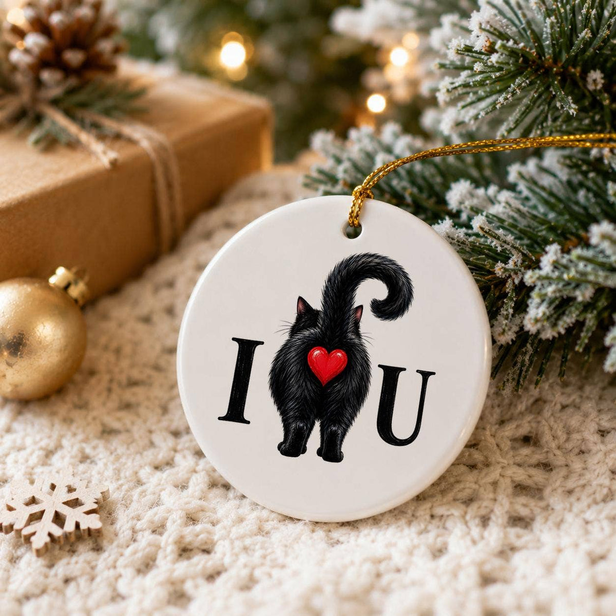 Charming Ceramic Black Cat Ornament with Red Heart Gift Box