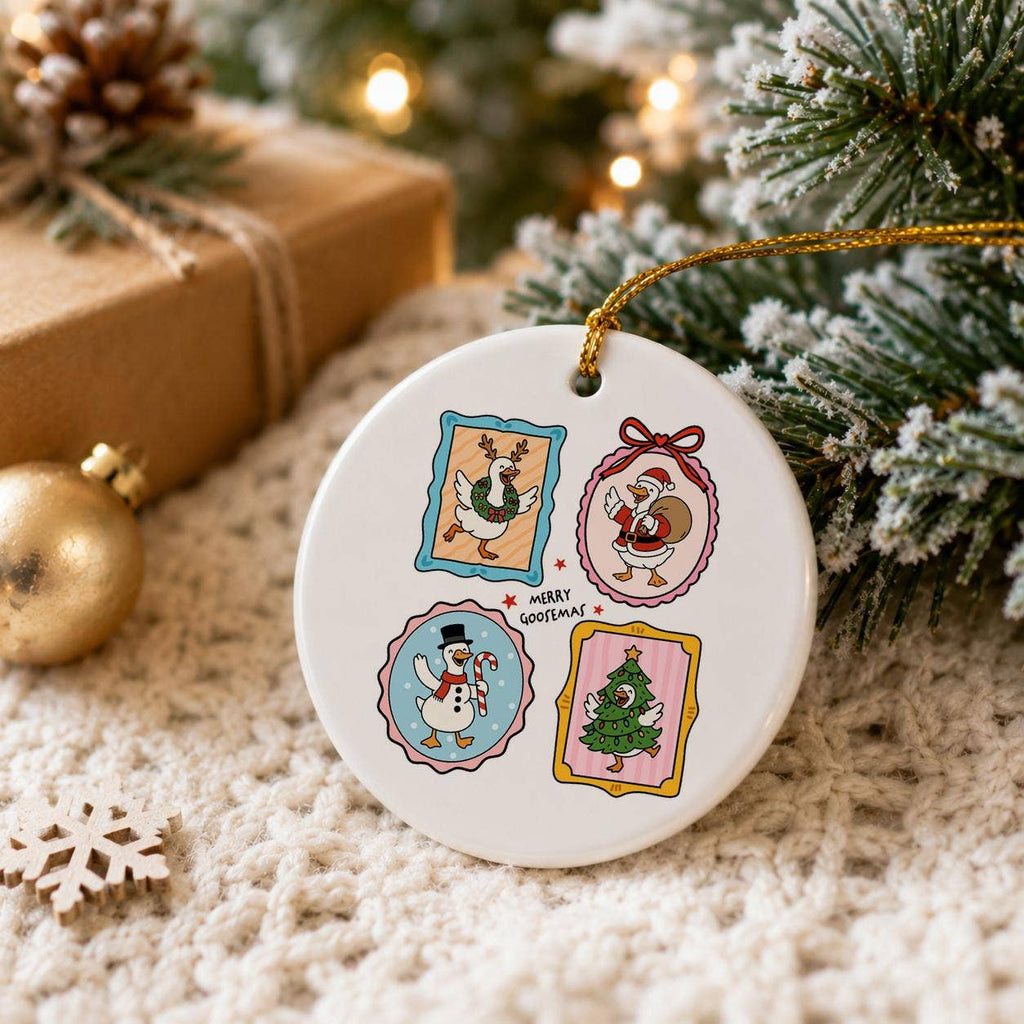 Merry Goosmas Ceramic Ornament with Goose, Santa & Tree