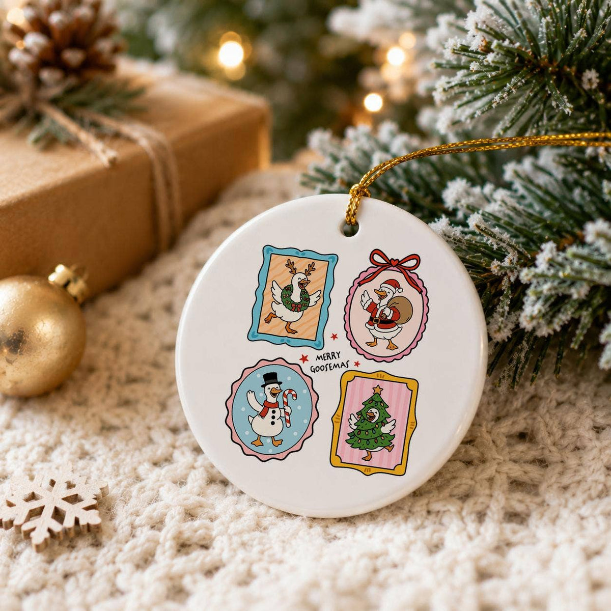 Merry Goosmas Ceramic Ornament with Goose, Santa & Tree