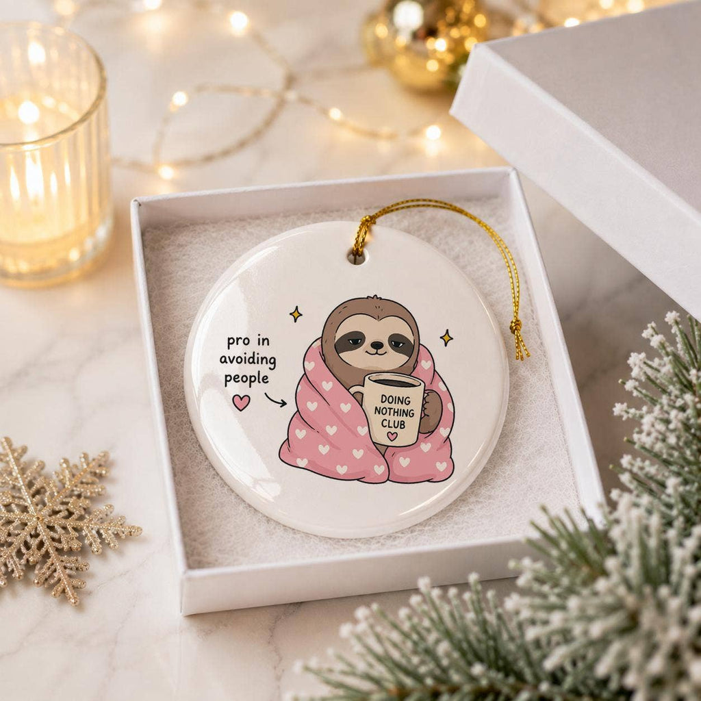 Introvert Sloth Ceramic Ornament with Heart Blanket & Mug