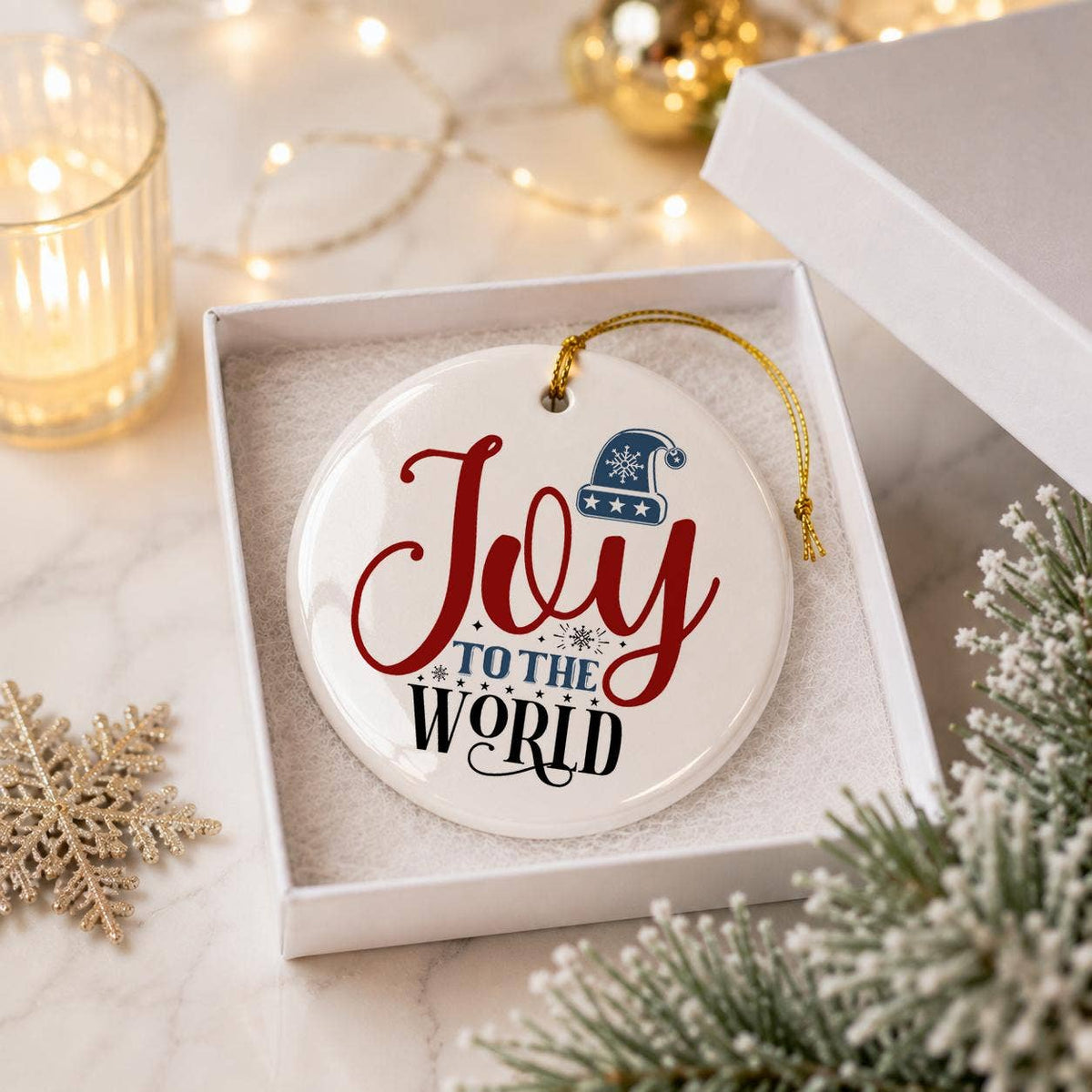 Joy to the World Ceramic Ornament with Winter Hat Design