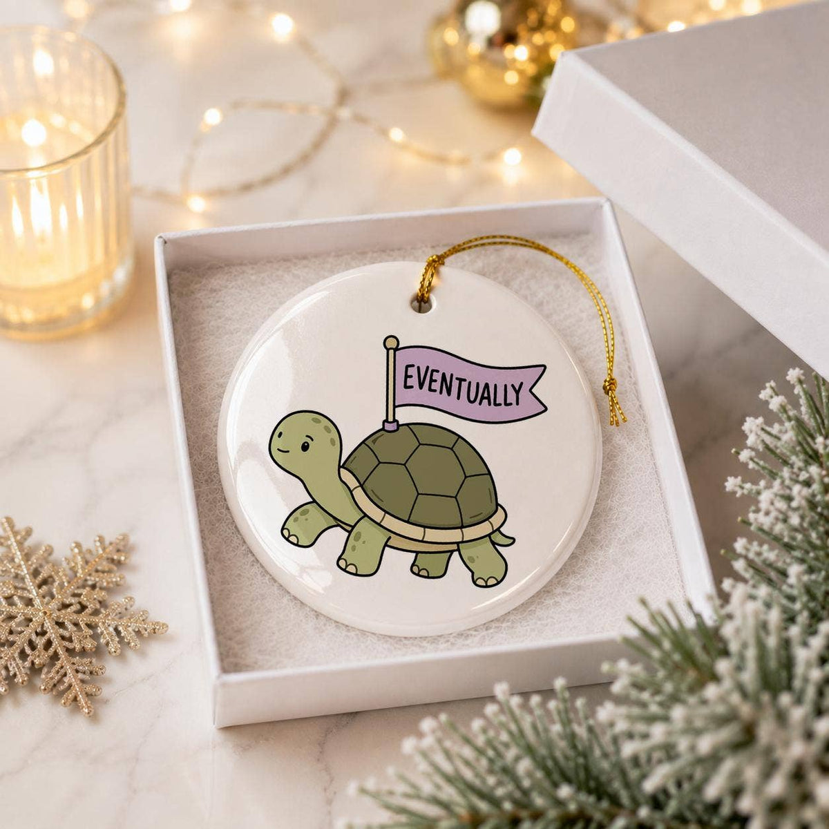 Charming Ceramic Turtle Christmas Ornament with Gold Ribbon