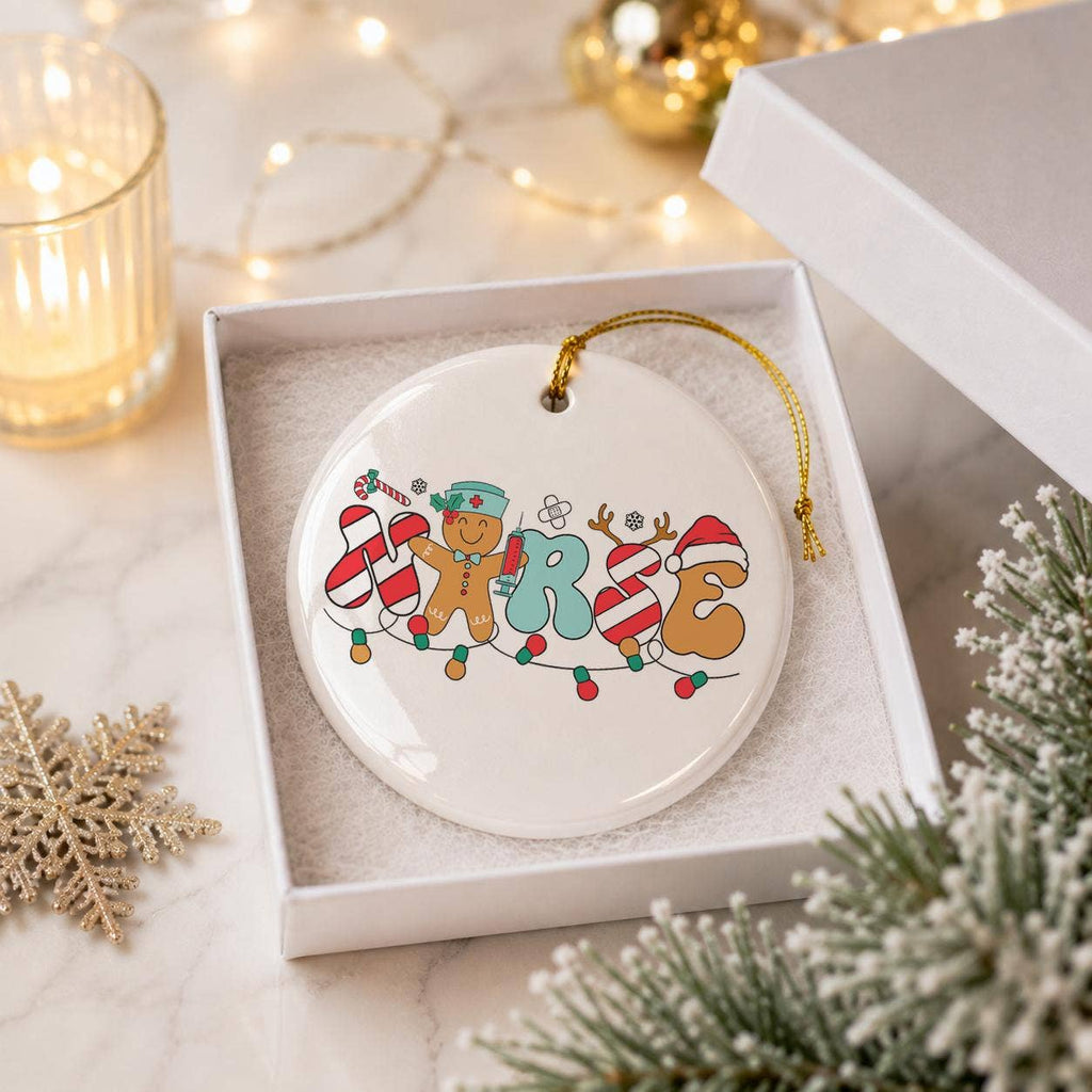 Festive Ceramic Nurse Ornament with Candy Cane & Gingerbread