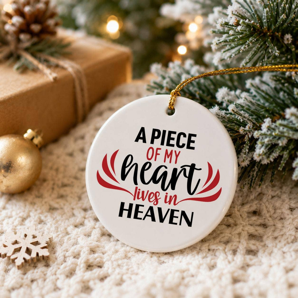 Memorial Heart Ceramic Ornament with Gift Box, Red Text