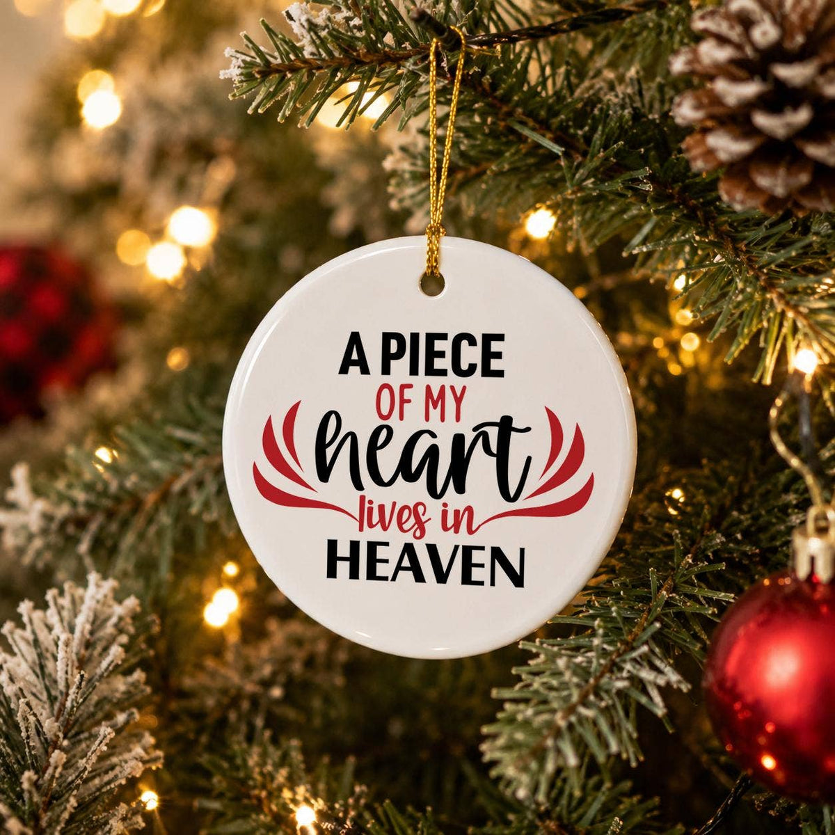 Memorial Heart Ceramic Ornament with Gift Box, Red Text