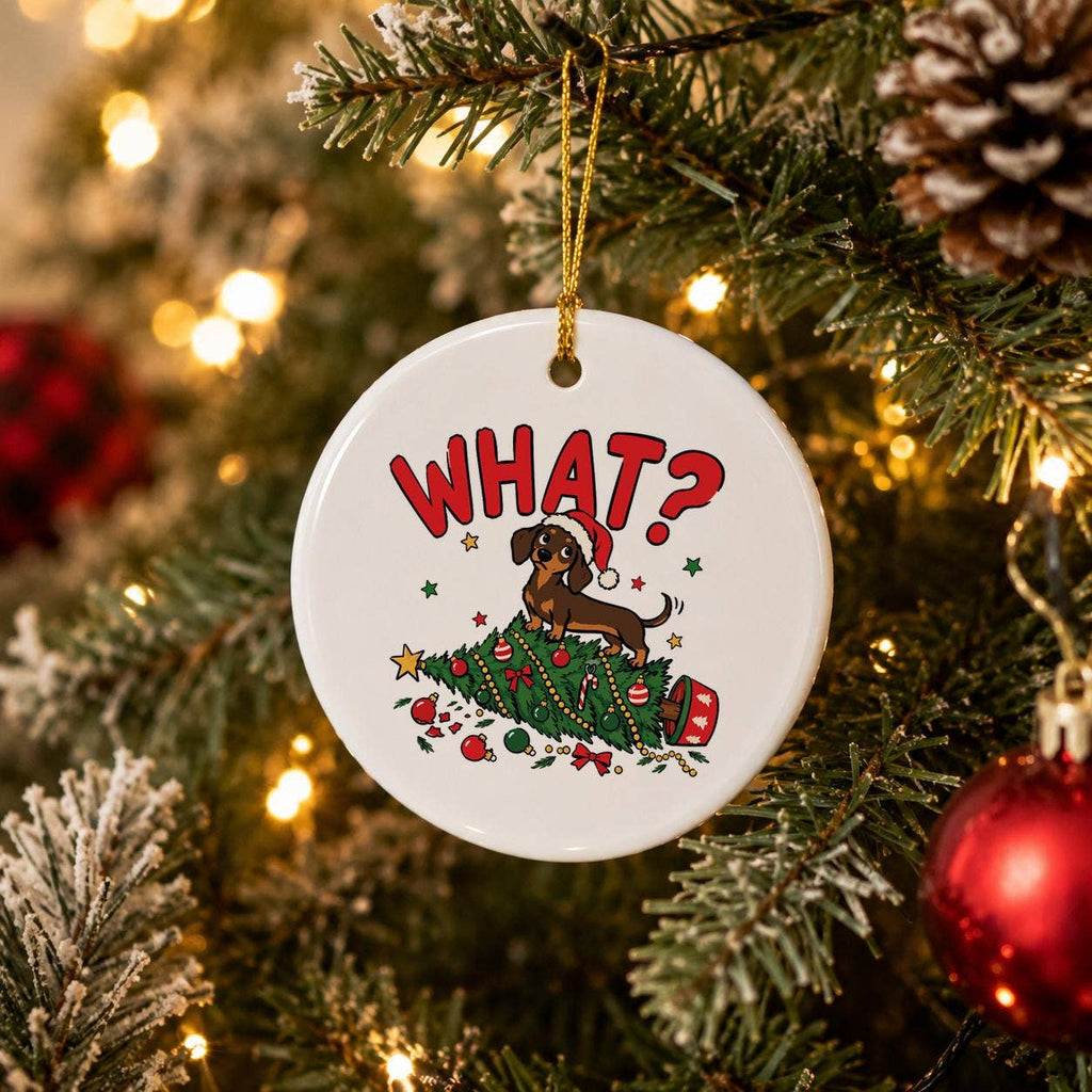 Humorous Ceramic Dachshund and Christmas Tree Ornament Gift