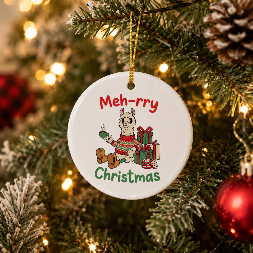 Festive Llama Holiday Ornament - Ceramic 'Meh-rry Christmas