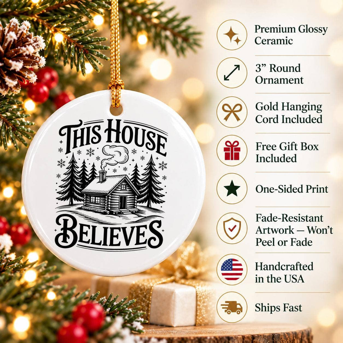 This House Believes Ceramic Ornament with Gift Box - Cabin