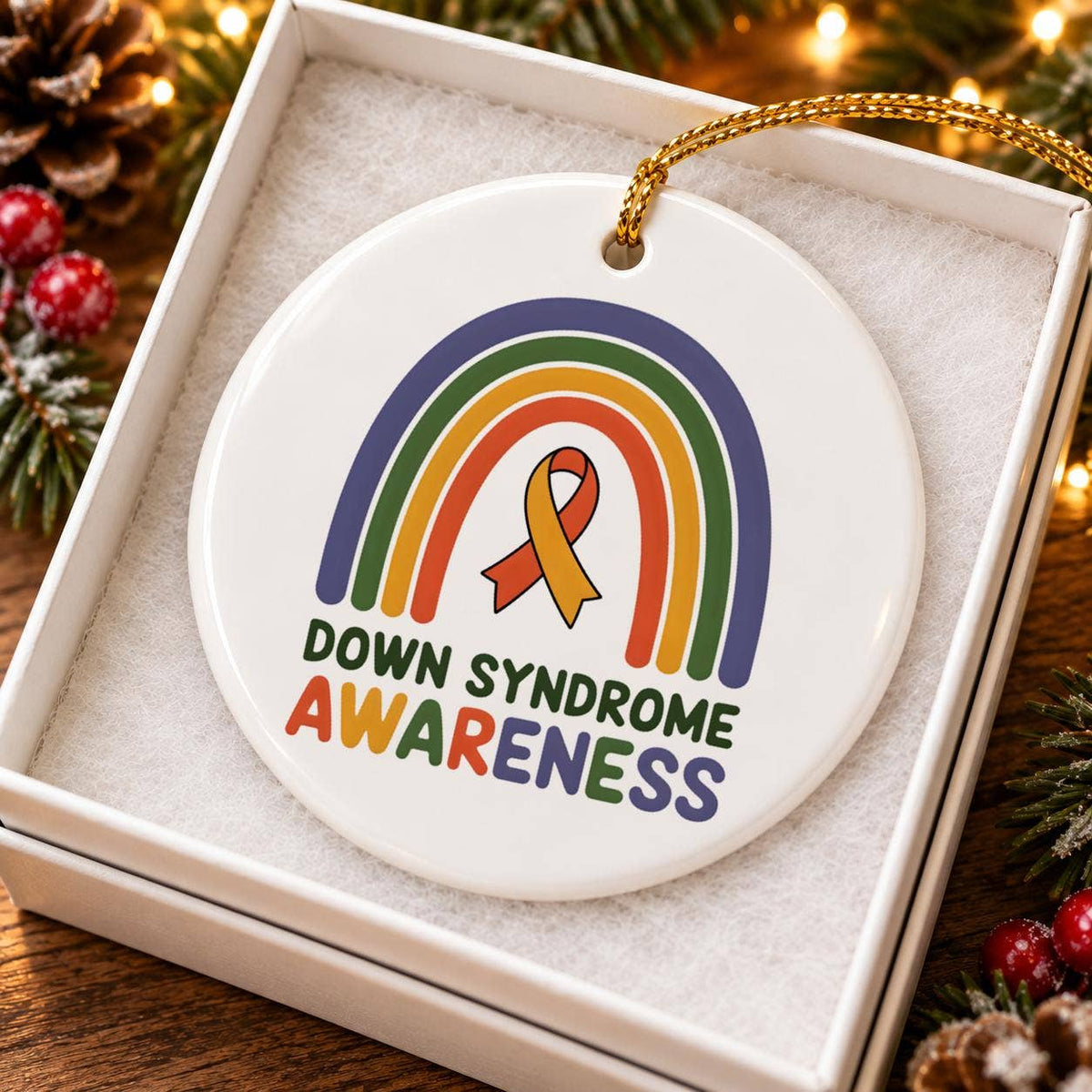 Down Syndrome Awareness Ceramic Ornament - Rainbow & Ribbon