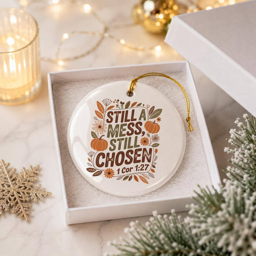 Autumn Faith Quote Ceramic Ornament with Pumpkin Design