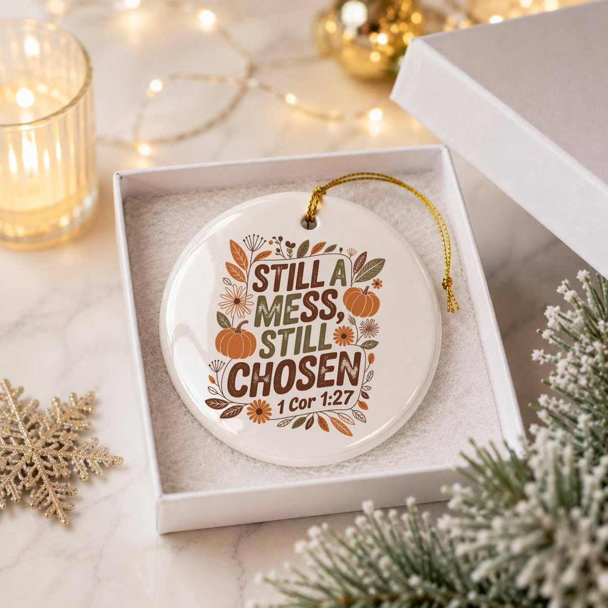 Autumn Faith Quote Ceramic Ornament with Pumpkin Design