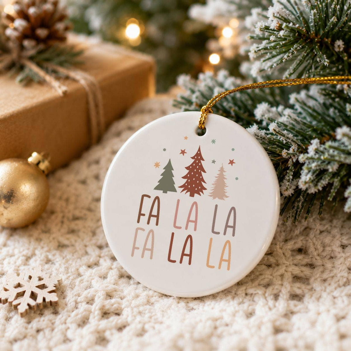 Fa La La Ceramic Ornament with Christmas Trees in Gift Box