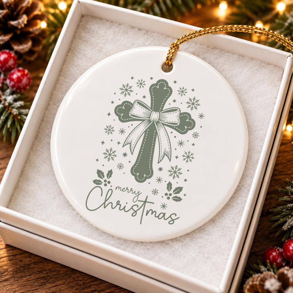 Elegant Ceramic Cross Ornament with Merry Christmas Message